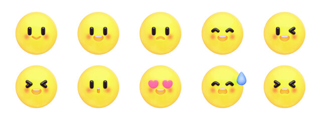 Naklejka premium Cute 3D Emoji Face Expression Set with Transparent Background, Kawaii Smiley Icon Collection
