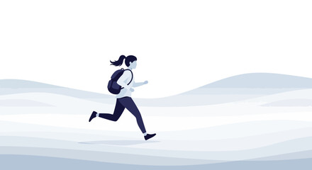 Obraz premium Active Woman Running With Backpack Through Abstract Landscape