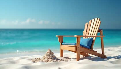 Fototapeta premium Wooden Adirondack chair sits on white sand beach. Bright turquoise ocean water meets clear blue sky. Small sand castle nearby. Perfect spot for peaceful seaside relaxation and quiet holiday.