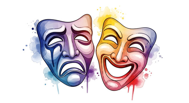 A colorful illustration of comedy and tragedy masks in a watercolor style, symbolizing the dual nature of emotions in theater and performance.