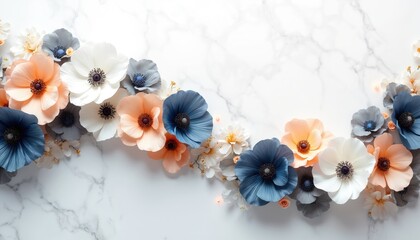 Fototapeta premium Soft floral arrangement with anemone flowers in shades of peach, white, blue, and grey set against a white marble surface. Elegant bloom border design perfect for decor, invites or wallpapers.