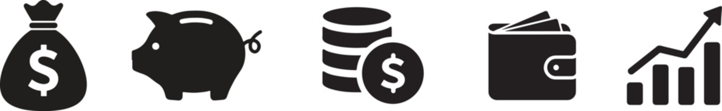 Financial icons including money bag, piggy bank, coins, wallet, and growth chart in vector graphic design