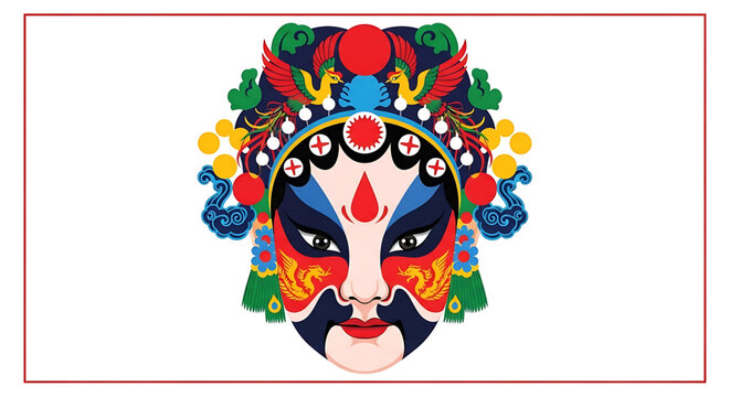 A colorful vector graphic illustration of a Chinese opera mask with intricate designs and patterns