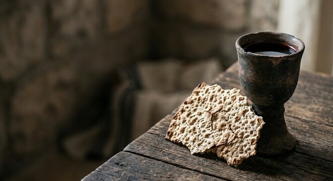 High detail macro shot of unleavened bread matzah and red wine goblet for Passover, background with copy space