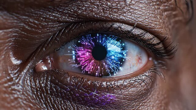 Closeup of human eye with digital circuit pattern