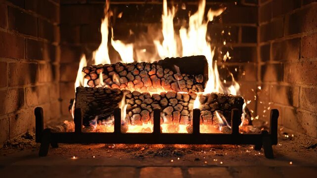 Burning logs in a brick fireplace