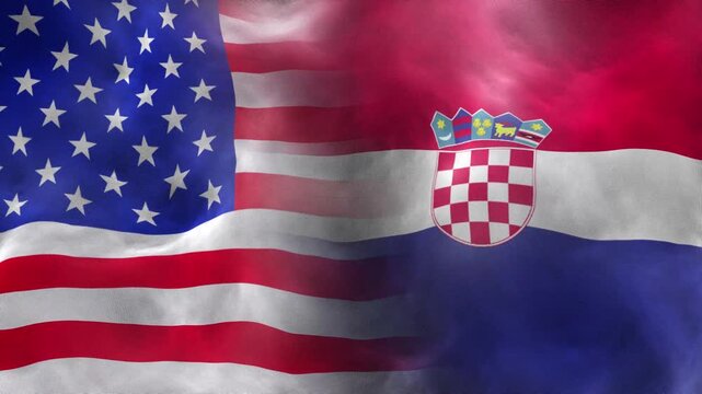 USA and Croatia Flags Waving Together with Realistic Fabric Texture. Comparison of United States and Croatian National Flags Waving in Slow Motion. USA and Croatia Geopolitical Alliance Concept