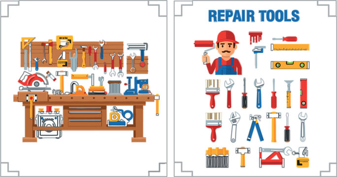 Detailed repair tools vector illustration with mechanic character workbench equipment set including hammer wrench drill screwdriver pliers and workshop elements