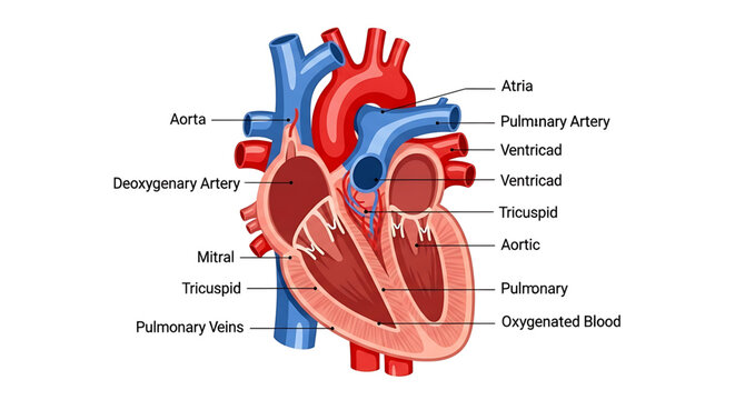 A detailed vector illustration of a human heart with labeled parts for medical and educational use