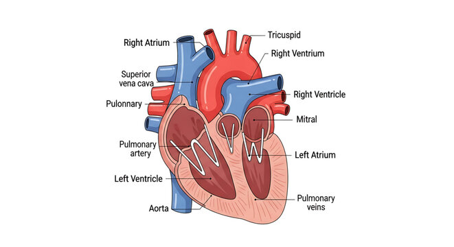 A detailed vector graphic illustration of a human heart with labeled parts for medical and educational use
