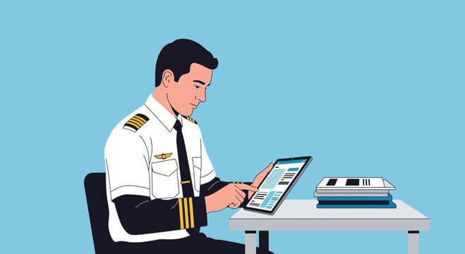 Professional pilot using a tablet computer for flight navigation and planning