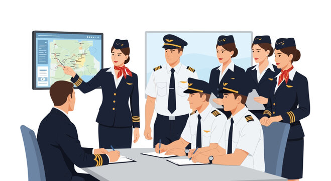 Diverse aviation crew in a professional training session, discussing flight plans with instructors.