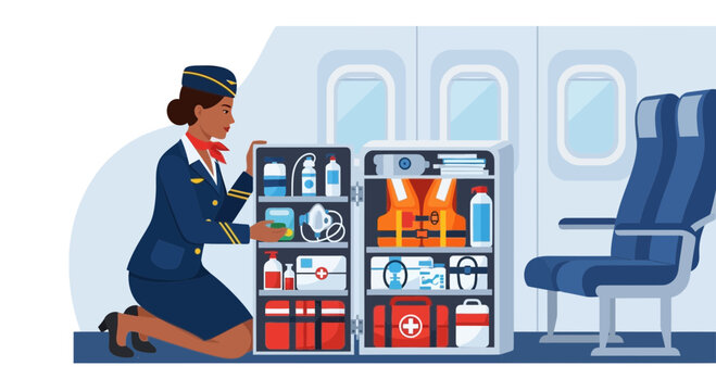 Flight attendant checking airplane safety and emergency equipment storage