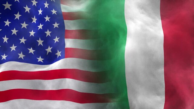 Two Flags of USA and Italy Waving Seamlessly against Blue Sky. USA and Italy Flags Waving Together with Realistic Fabric Texture