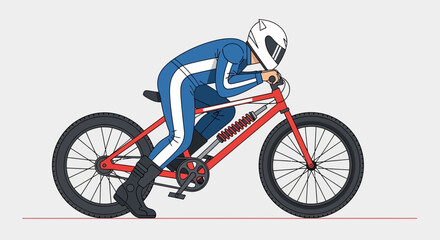 Fototapeta premium Dynamic illustration of a cyclist in a blue racing suit and helmet, riding a red bicycle