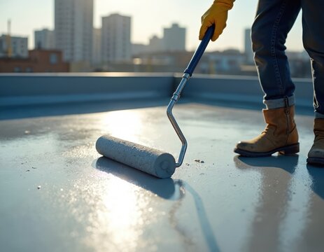 Construction worker applies waterproof coating on flat roof using paint roller. Man in work boots and gloves seals surface for building maintenance. Rooftop work protects housing.