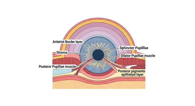 A detailed vector graphic illustration of the human eye anatomy, showing its various layers and structures.