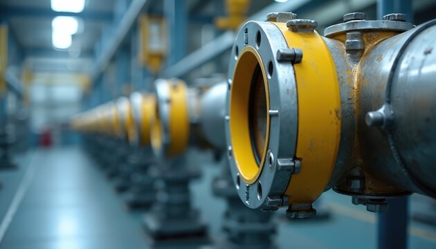 Industrial pipeline flanges with yellow seals run in factory. Metal pipes and connections form part of factory machinery. These heavy components create systems.
