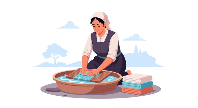 Woman washing clothes by hand in a traditional basin with a washboard and stacked towels