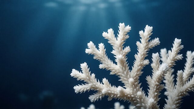 White branching coral structure in deep blue ocean