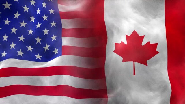 USA and Canada Flags Waving Together with Realistic Fabric Texture. Comparison of National Flags Waving in Slow Motion. 