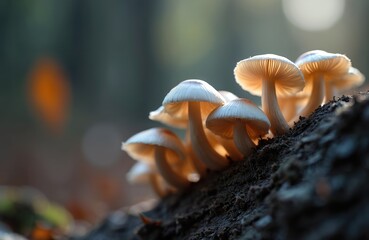 Obraz premium Several small white mushrooms sprout from decaying wood in a forest. Sunlight filters through, illuminating the delicate caps and stems. The background is a soft blur of green and brown.