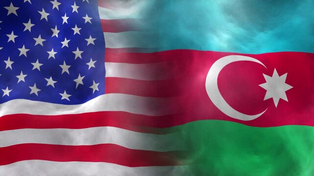 USA and Azerbaijan Flags Waving Together with Realistic Fabric Texture. Comparison of United States and Azerbaijani National Flags Waving in Slow Motion.