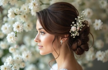 Naklejka premium Young woman in bridal updo with small flowers accents her hair. Soft lighting and floral backdrop create ethereal beauty. Elegant wedding hairstyle for bride.