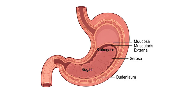A detailed vector illustration of the human stomach anatomy with labeled parts