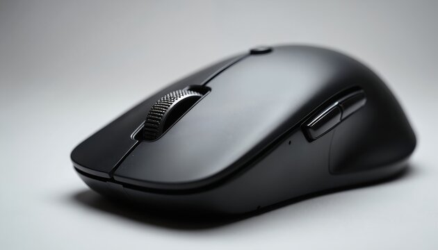 Sleek black wireless computer mouse with silver scroll wheel and side buttons on plain background. Modern ergonomic device for desktop or laptop use. Easy navigation and control.