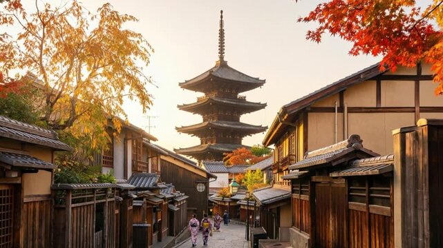 An eye-level view of a Japanese pagoda standing majestically against a backdrop of trees, nestled between traditional houses and under a sunny sky. The atmosphere is warm and inviting.