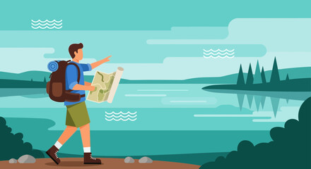 Fototapeta premium Adventure Seeker Navigates Scenic Wilderness With Detailed Map