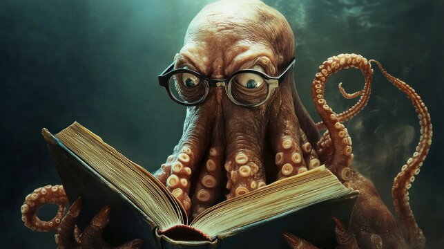 Intriguing cephalopod engrossed in a book