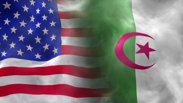 United States and Algerian National Flags Waving in Slow Motion. USA-Algeria Strategic Defense and Economic Partnership 2026 Concept
