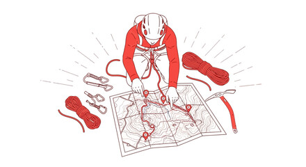 Obraz premium Adventurer Plans Expedition Route Using Map And Climbing Gear