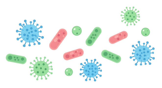 A colorful vector graphic illustration of various bacteria and viruses in different shapes and sizes.