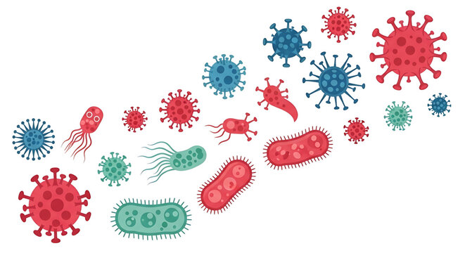 A colorful vector graphic illustration of various bacteria and viruses in different shapes and sizes