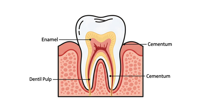 A detailed vector illustration of a tooth anatomy showing enamel, cementum, and dentil pulp