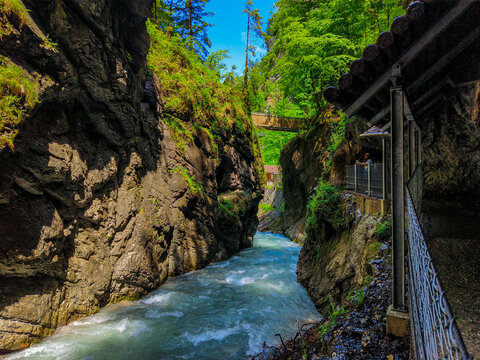 Garmisch - Partenkirchen, Germany - June 6, 2025 :  Partnachklamm, Gorge and canyon in Garmisch Partenkirchen, Eckbauer mountain, Bavaria Germany