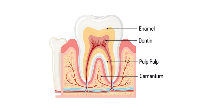 A detailed vector illustration of a tooth cross-section showing enamel, dentin, pulp, and cementum layers.