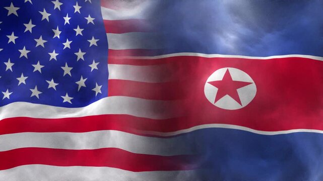 USA and North Korea Flags Waving Together in the Wind with Realistic Texture.