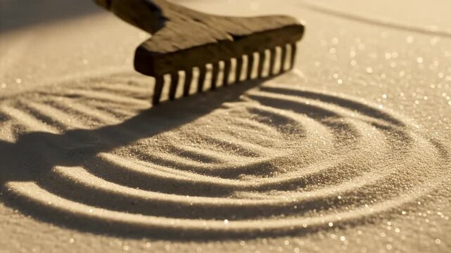 Zen garden rake creating circular patterns in shimmering sand close-up