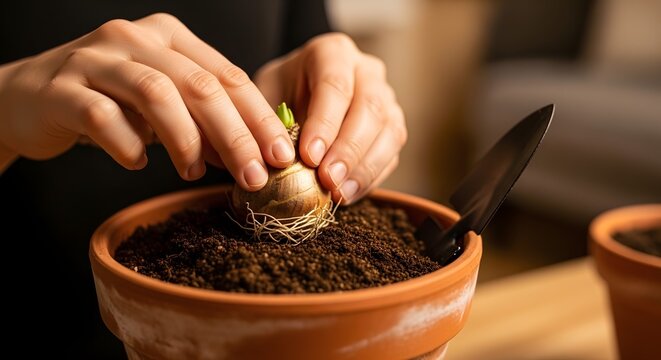 Hands planting a bulb in a terracotta pot with soil.