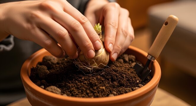 Hands planting a small green sprout bulb in a terracotta pot with soil.