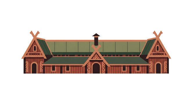 A traditional Viking longhouse with a green roof and wooden structure, depicted in a flat, minimalist vector illustration style.