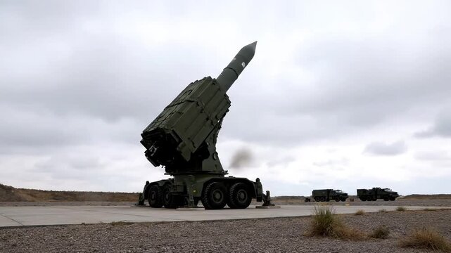 mobile rocket launcher system on a desert road with military vehicles