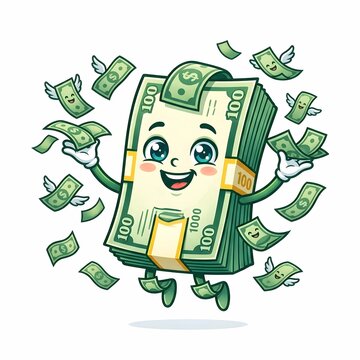 Cute stack of dollar bills character with flying money wings