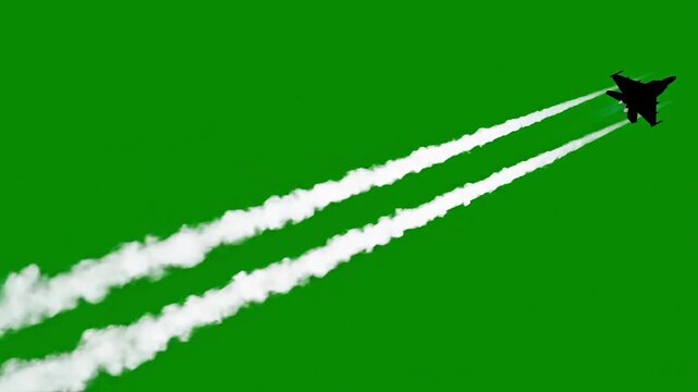 black fighter jet flying fast with contrails on green background