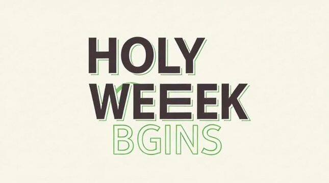Clean geometric poster, cross and palm leaf icon, stacked text &ldquo;Holy Week Begins&rdquo;, minimal layout