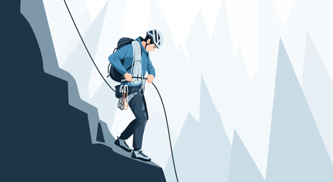 Adventurous Climber Rappels Down Steep Mountain Slope